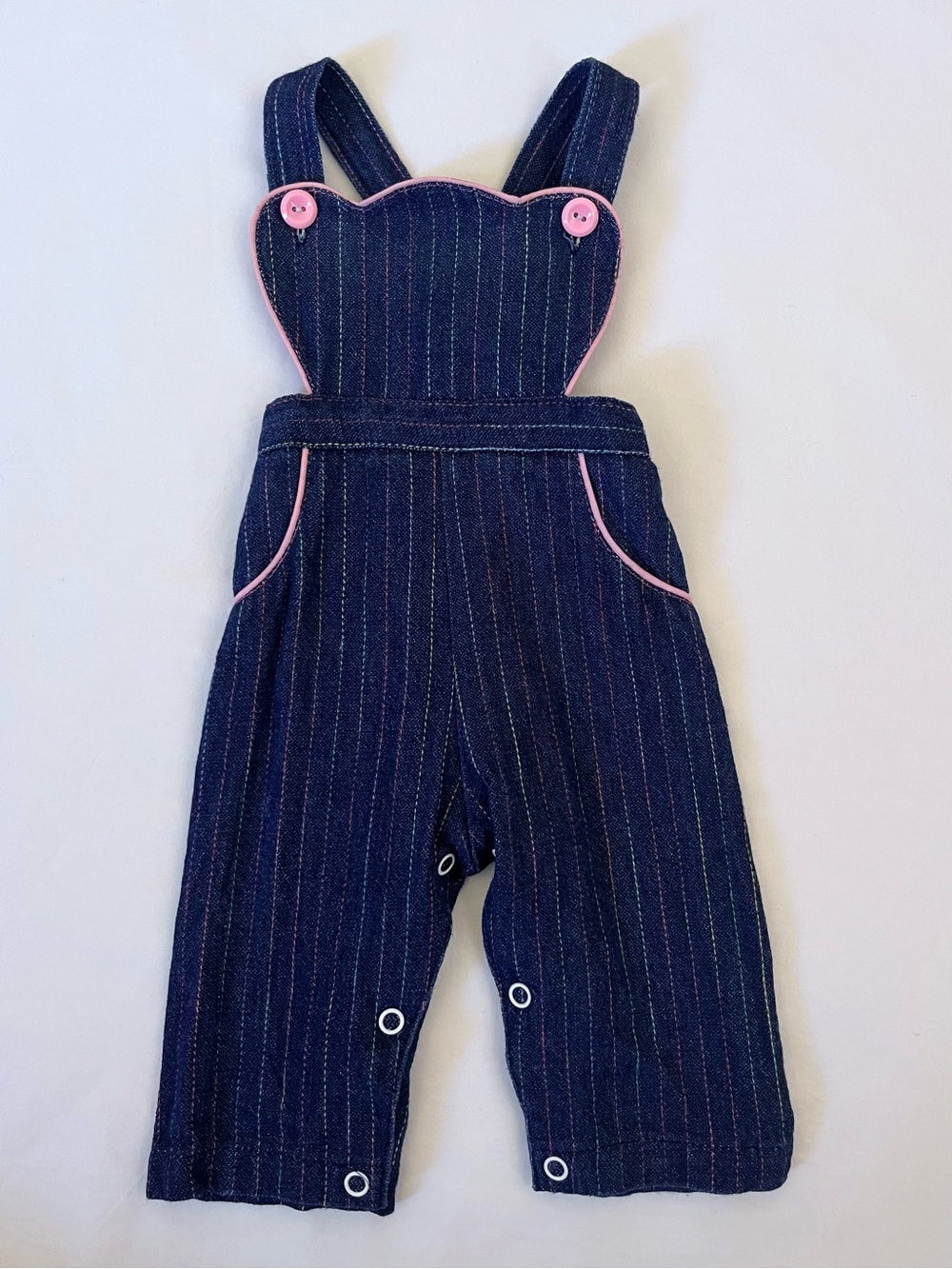 Vintage 80s Baby Denim Overalls Rainbow Pink Pinstripe 3–6M